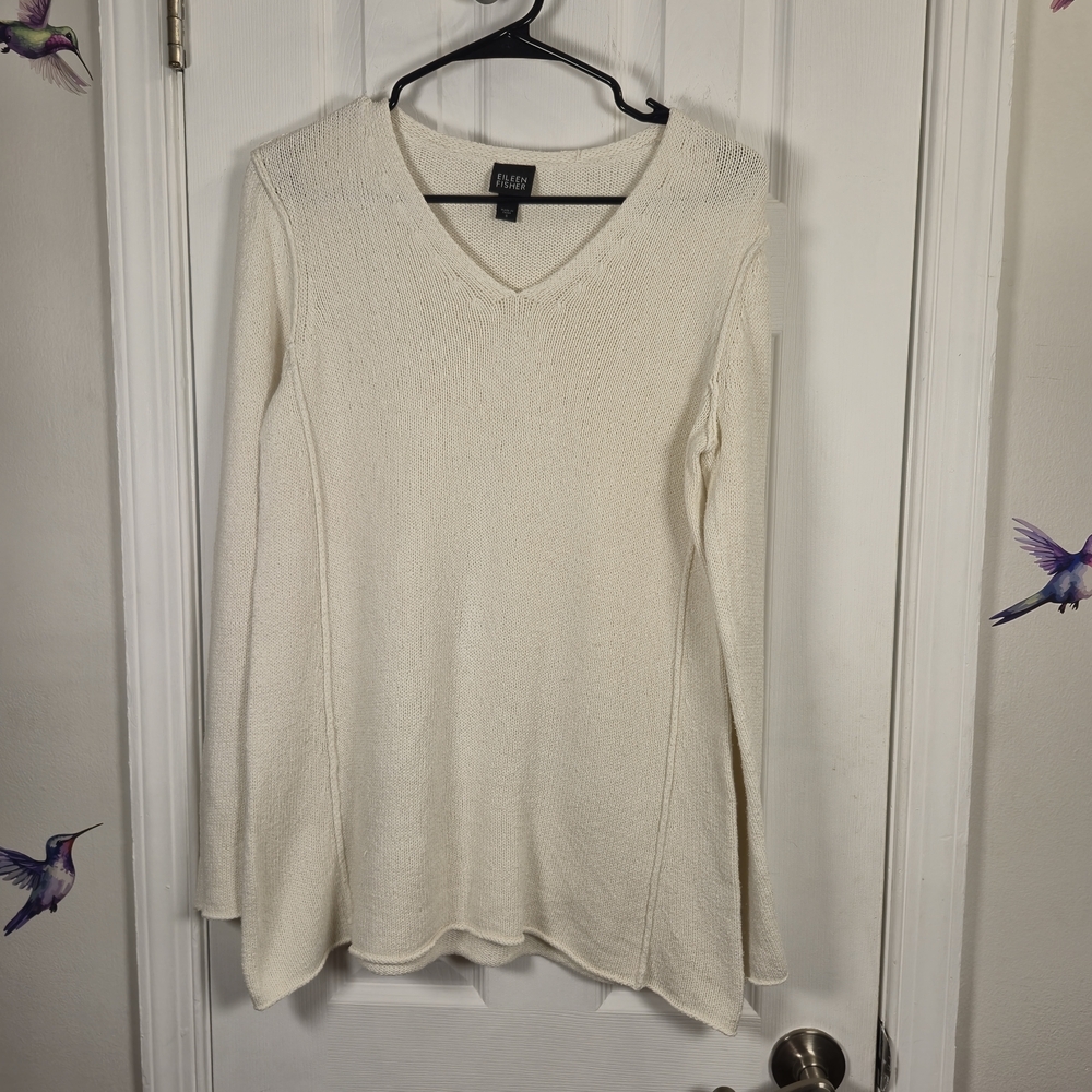 Eileen Fisher Ivory Silk Cotton V-Neck Tunic Sweater Size S